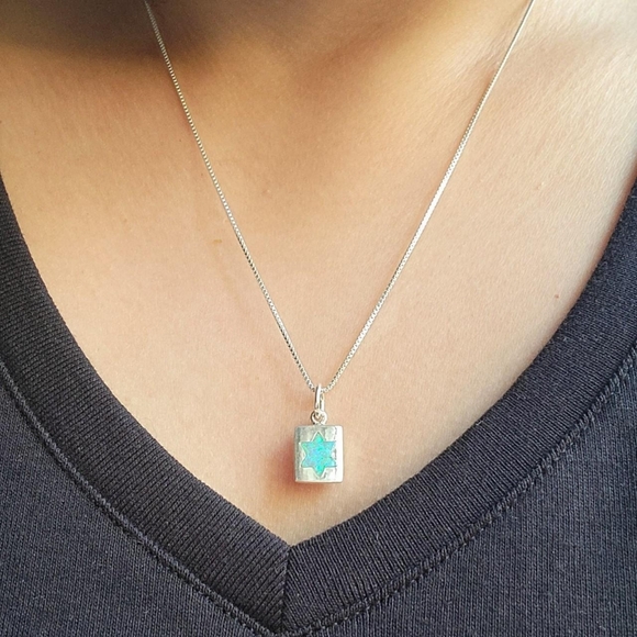 New Solid 925 Sterling Silver Star of David Square Blue Triplet Opal Necklace - Picture 3 of 8